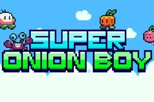 Retro-inspireret grafik med teksten Super Onion Boy omgivet af pixelkunst-figurer og en blå himmel med skyer