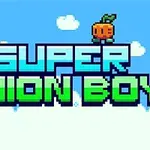 Retro-inspireret grafik med teksten Super Onion Boy omgivet af pixelkunst-figurer og en blå himmel med skyer