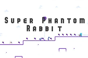 Tekst på skærmen med Super Phantom Rabbit og en blå kanin på en minimalistisk, pixelgrafik-baggrund med platforme og små detaljer