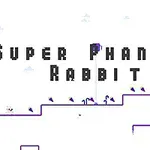 Tekst på skærmen med Super Phantom Rabbit og en blå kanin på en minimalistisk, pixelgrafik-baggrund med platforme og små detaljer