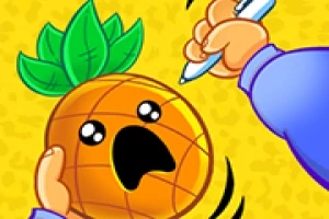 En skrigende ananas med grønne blade holdes af en hånd, mens en anden hånd nærmer sig med en kuglepen, på en gul baggrund