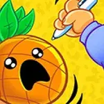 En skrigende ananas med grønne blade holdes af en hånd, mens en anden hånd nærmer sig med en kuglepen, på en gul baggrund