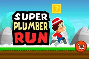 Karakter i rødt tøj løber i et tegnet landskab med en gul spørgsmålstegn-blok og teksten Super Plumber Run i forgrunden