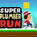 Karakter i rødt tøj løber i et tegnet landskab med en gul spørgsmålstegn-blok og teksten Super Plumber Run i forgrunden