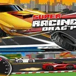 Gult og rødt sportsbilracerlayout med tætbyens skyline i baggrunden og store dæk og hastighedsmåler i forgrunden
