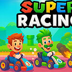 Tre farverige figurer kører i gokarts på en racerbane med et lyskryds i baggrunden