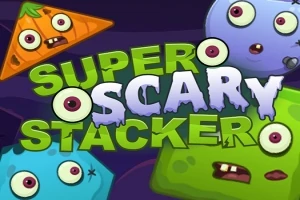 Tegneserieagtige, farverige monstre med store øjne omgiver teksten Super Scary Stacker på en mørk baggrund