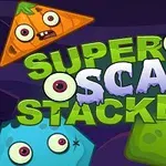Tegneserieagtige, farverige monstre med store øjne omgiver teksten Super Scary Stacker på en mørk baggrund