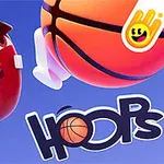 Tegneserie-figur med bold, ordet Hoops og en smiley-logo på blå baggrund