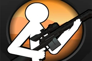 En hvid stregfigur holder en sort riffel mod en orange og sort cirkulær baggrund