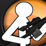 En hvid stregfigur holder en sort riffel mod en orange og sort cirkulær baggrund