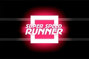 Hvid tekst Super Speed Runner med en rød baggrund og sorte striber på en sort baggrund
