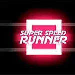 Hvid tekst Super Speed Runner med en rød baggrund og sorte striber på en sort baggrund