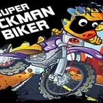 En tegneseriefigur på en motorcykel i farverigt tøj kører på en vej med røde klipper i baggrunden