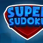 Blåt logo med teksten SUPER SUDOKU i blå bogstaver på en rød og hvid baggrund