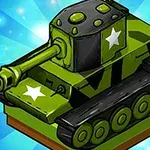 Tegnet, grøn tank med hvid stjerne på siden, placeret på en sokkel med blå baggrund