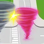 To tornadoer, en grå og en pink, kolliderer på en vej i et kryds