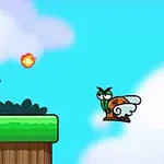 En tegneseriefigur med rød hat står på en platform og skyder en ildkugle mod en snegl med vinger, mens en grøn fjende er på en anden platform mod en blå himmel