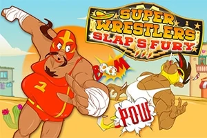 To wrestlere i farverige dragter slås, mens ord som Boom og Pow vises i baggrunden