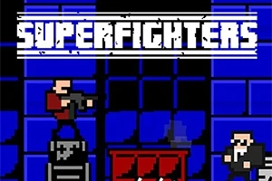 To pixelerede figurer er engageret i en kamp i en blå og sort baggrund med ordet SUPERFIGHTERS øverst