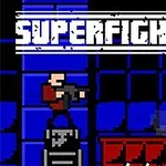 To pixelerede figurer er engageret i en kamp i en blå og sort baggrund med ordet SUPERFIGHTERS øverst