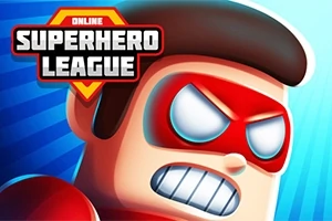 Tegneseriefigur med rød maske og sammenbidte tænder, ledsaget af en farverig titel med teksten Online Superhero League i venstre hjørne
