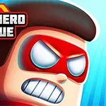 Tegneseriefigur med rød maske og sammenbidte tænder, ledsaget af en farverig titel med teksten Online Superhero League i venstre hjørne
