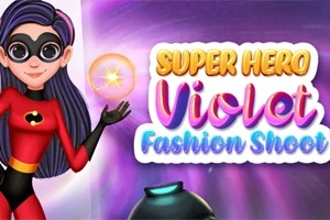 En animeret superhelt i rødt kostume med sort maske holder en lysende kugle, ved siden af teksten Super Hero Violet Fashion Shoot i farverige bogstaver