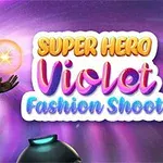 En animeret superhelt i rødt kostume med sort maske holder en lysende kugle, ved siden af teksten Super Hero Violet Fashion Shoot i farverige bogstaver