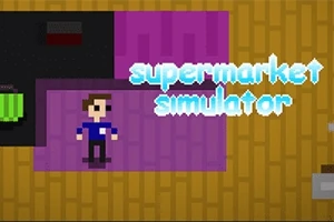 Pixelgrafik med en person i blå trøje på et lilla gulv, med teksten supermarket simulator i lyseblå skrift