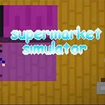 Pixelgrafik med en person i blå trøje på et lilla gulv, med teksten supermarket simulator i lyseblå skrift