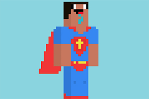 Pixelkunstfigur iført en blå dragt med et rødt skjold og kappe