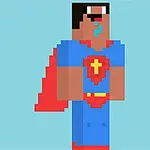 Pixelkunstfigur iført en blå dragt med et rødt skjold og kappe