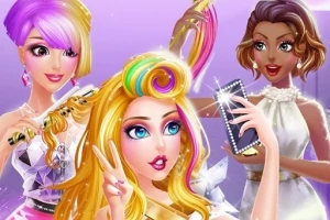 Tre animerede kvinder, hvoraf den ene tager en selfie, alle iført glamourøse tøj og med stilfulde frisurer