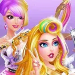 Tre animerede kvinder, hvoraf den ene tager en selfie, alle iført glamourøse tøj og med stilfulde frisurer