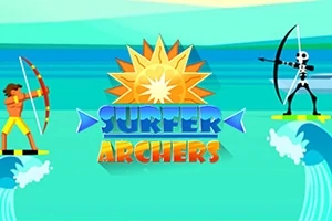 To bueskytter på surfbrætter sigter mod hinanden over bølgerne med en sol i baggrunden og teksten Surfer Archers i midten
