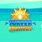 To bueskytter på surfbrætter sigter mod hinanden over bølgerne med en sol i baggrunden og teksten Surfer Archers i midten