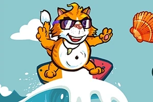 En tegneserie kat med solbriller surfer på en bølge på et farverigt surfbræt