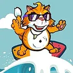 En tegneserie kat med solbriller surfer på en bølge på et farverigt surfbræt