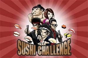Fem karakterer i japansk inspireret stil, omgivet af sushi og asiatisk mad, med teksten Sushi Challenge i bunden