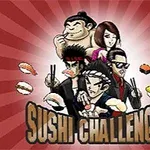 Fem karakterer i japansk inspireret stil, omgivet af sushi og asiatisk mad, med teksten Sushi Challenge i bunden