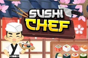 En tegnet sushi-kok står med et fad sushi foran et bord med forskelligt sushi, omgivet af kirsebærblomster og en kniv