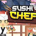 En tegnet sushi-kok står med et fad sushi foran et bord med forskelligt sushi, omgivet af kirsebærblomster og en kniv