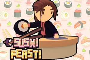 En tegneseriefigur i en sort jakke laver sushi på en rund bordplade med ordet Sushi Feast!