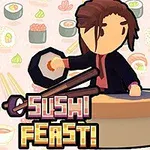 En tegneseriefigur i en sort jakke laver sushi på en rund bordplade med ordet Sushi Feast!
