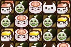 Farverige, søde madansigter med sushi-tema arrangeret i et gittermønster
