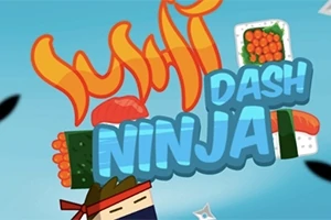 Tegneserieillustration med sushi, ninja og shuriken mod en blå baggrund