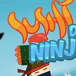 Tegneserieillustration med sushi, ninja og shuriken mod en blå baggrund