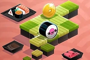 En rullet sushi med ansigt bevæger sig på et bræt af grønne og sorte firkanter, omgivet af tallerkener med sushi og en gylden mønt