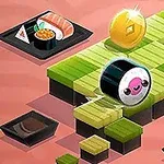 En rullet sushi med ansigt bevæger sig på et bræt af grønne og sorte firkanter, omgivet af tallerkener med sushi og en gylden mønt